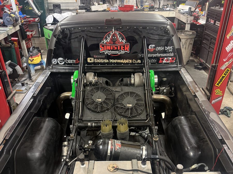 Twin turbo LS in the bed of the Sinister Shop Truck